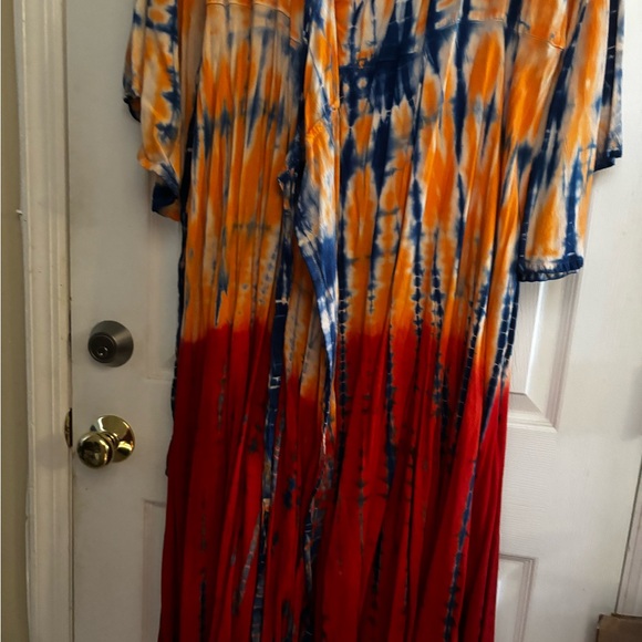 Long Sleeve Blue / Orange Tie Dye Print Bell Sleeve Maxi Dress- Plus Size 1X-2X - Picture 3 of 3